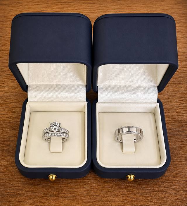 Deux alliances dans leurs écrins — bague solitaire et alliance, réalisées sur-mesure à l'Atelier Baratte